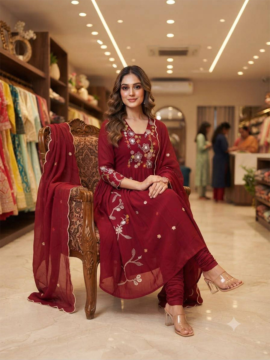Maroon Mul Chanderi Silk Embroidery Sequins Wedding Party Festival Casual Ready Anarkali Pant Salwar Kameez