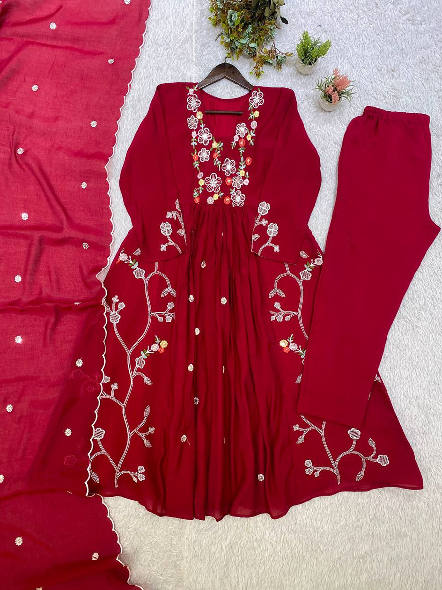 Maroon Mul Chanderi Silk Embroidery Sequins Wedding Party Festival Casual Ready Anarkali Pant Salwar Kameez