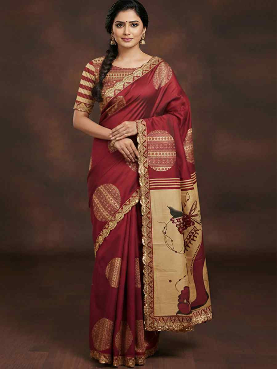 Maroon Mulmul Cotton Hand Block Printed Festival Wedding Fancy Heavy Border Saree