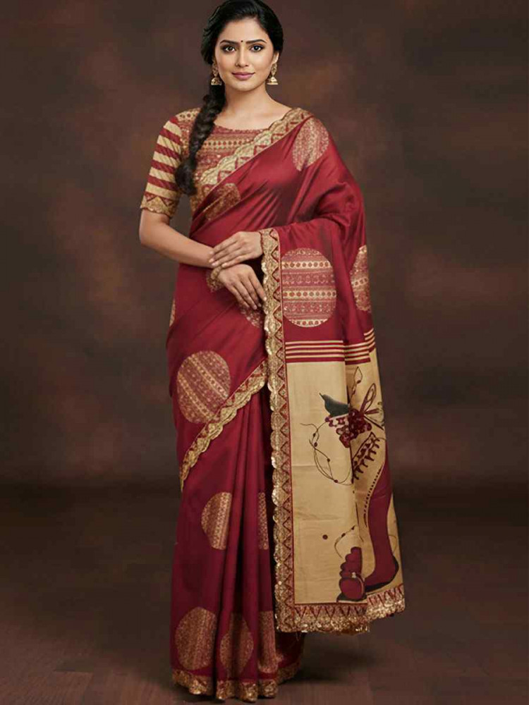 Image of Maroon Mulmul Cotton Hand Block Printed Festival Wedding Fancy Heavy Border Saree
