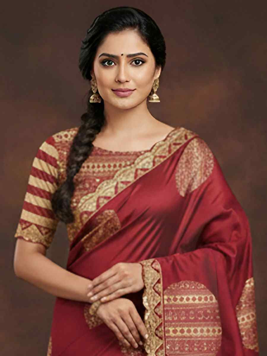 Maroon Mulmul Cotton Hand Block Printed Festival Wedding Fancy Heavy Border Saree