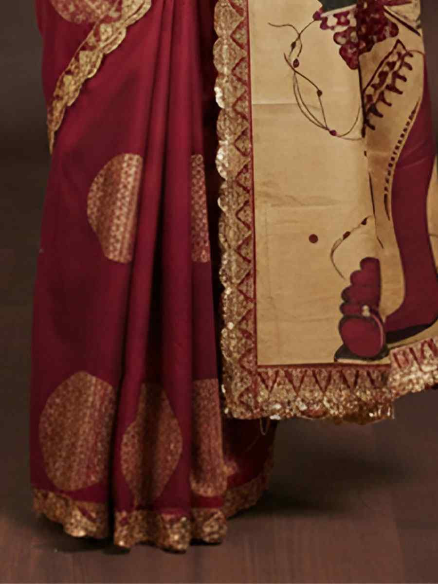 Maroon Mulmul Cotton Hand Block Printed Festival Wedding Fancy Heavy Border Saree