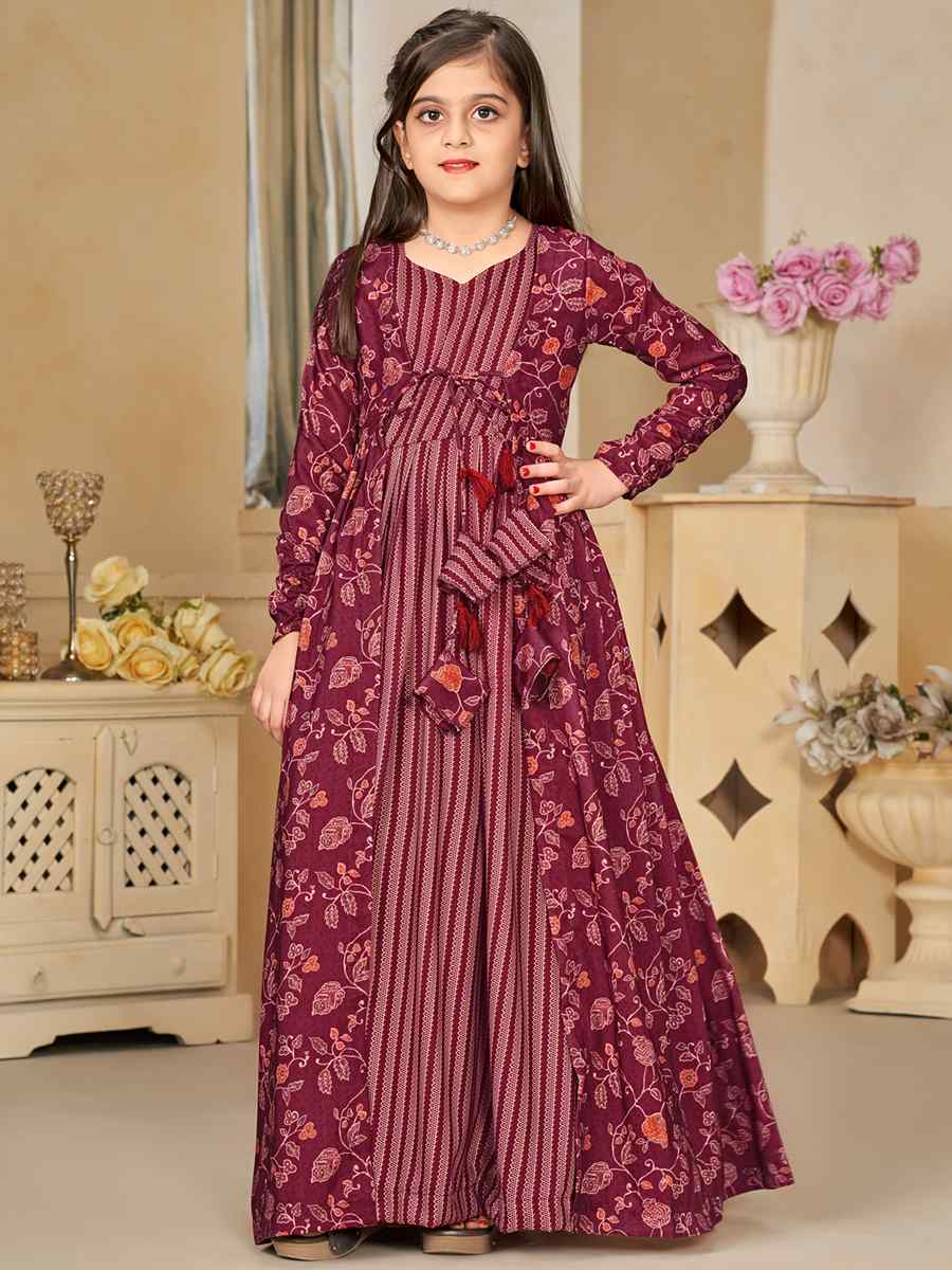 Maroon Muslin Printed Casual Festival Salwars Girls Wear