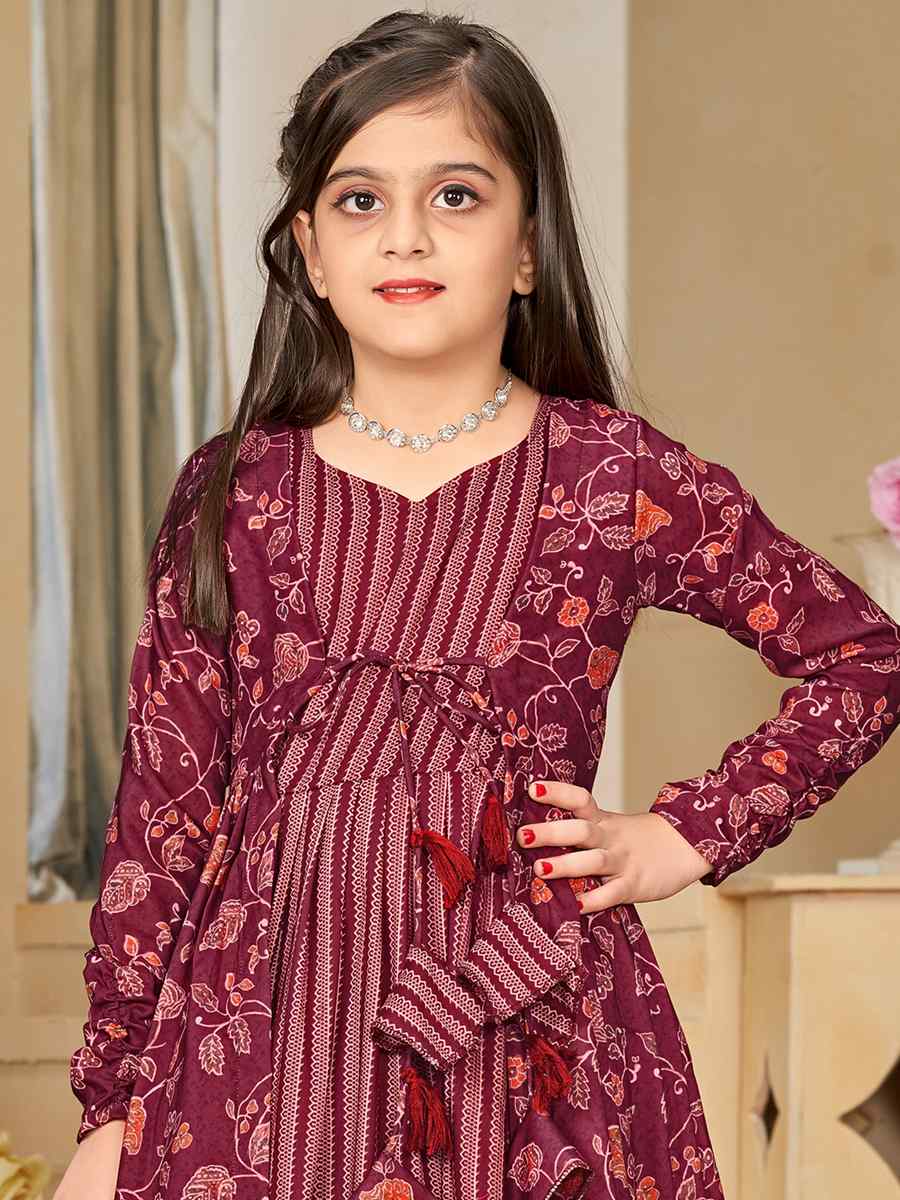 Maroon Muslin Printed Casual Festival Salwars Girls Wear