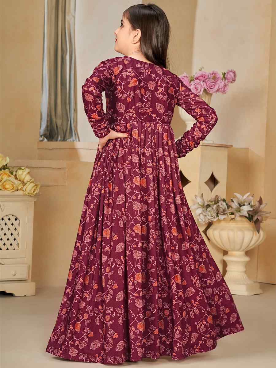 Maroon Muslin Printed Casual Festival Salwars Girls Wear