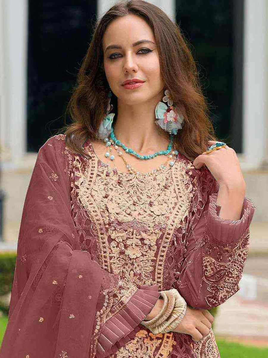 Maroon Naylon Organza Embroidered Festival Wedding Pant Salwar Kameez