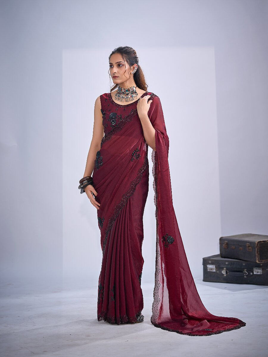 Maroon NC Satin Silk Stone Work 3d Sequence Festival Wedding Fancy Classic Heavy Border Saree
