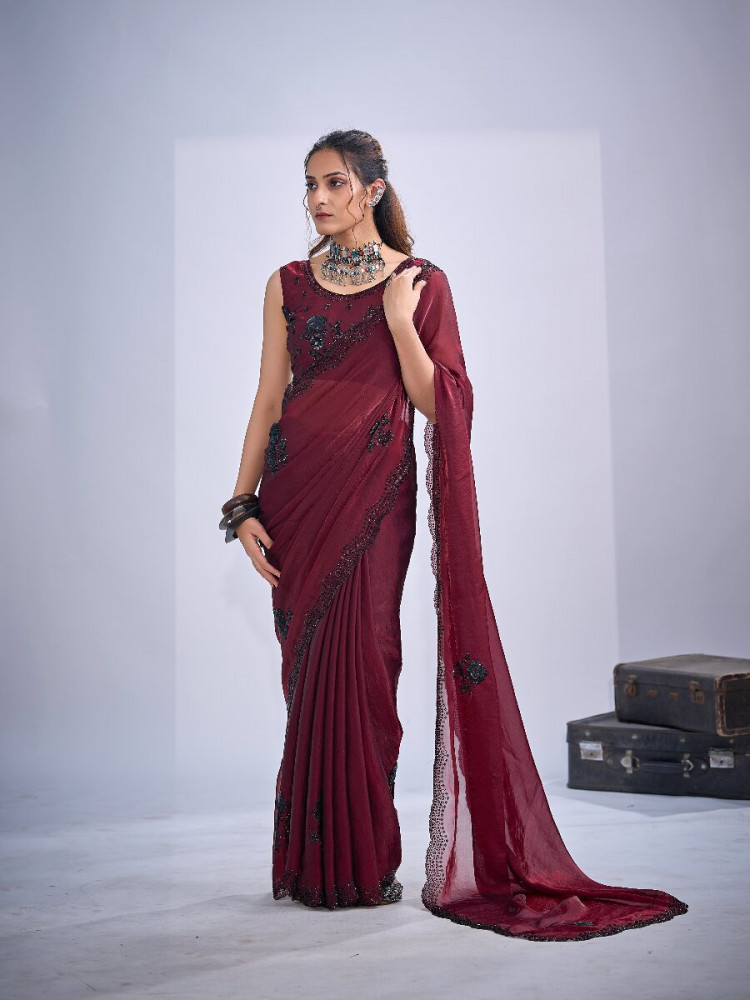 Image of Maroon NC Satin Silk Stone Work 3d Sequence Festival Wedding Fancy Classic Heavy Border Saree