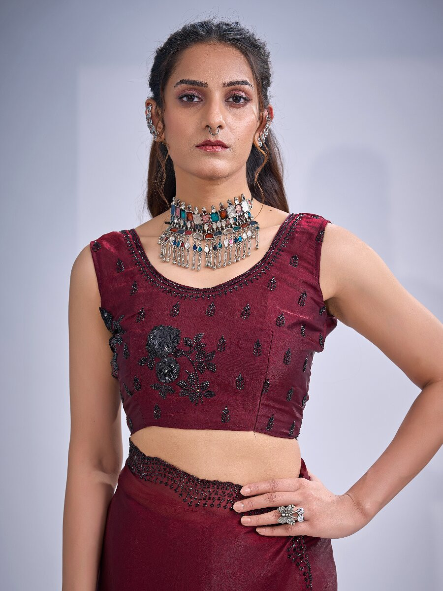 Maroon NC Satin Silk Stone Work 3d Sequence Festival Wedding Fancy Classic Heavy Border Saree