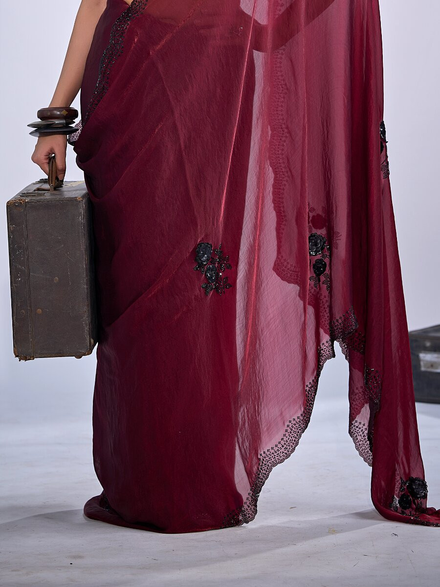 Maroon NC Satin Silk Stone Work 3d Sequence Festival Wedding Fancy Classic Heavy Border Saree