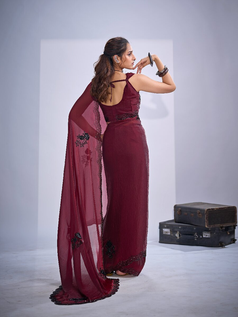 Maroon NC Satin Silk Stone Work 3d Sequence Festival Wedding Fancy Classic Heavy Border Saree