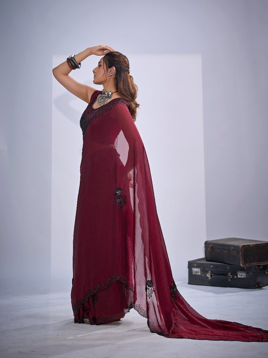Maroon NC Satin Silk Stone Work 3d Sequence Festival Wedding Fancy Classic Heavy Border Saree