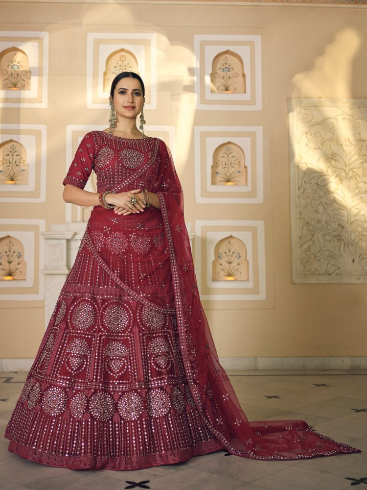 Maroon Net Embroidered Bridal Lehenga Choli