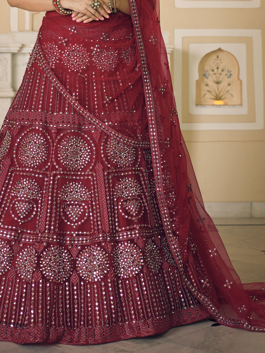 Maroon Net Embroidered Bridal Lehenga Choli