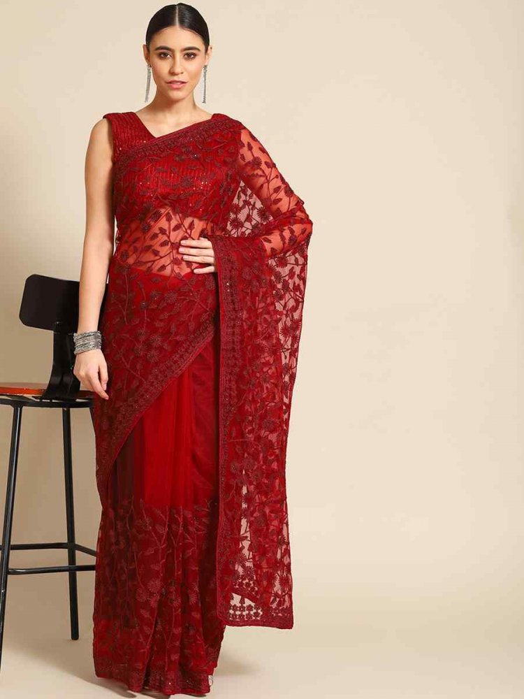 Maroon Net Embroidered Festival Party Heavy Border Saree