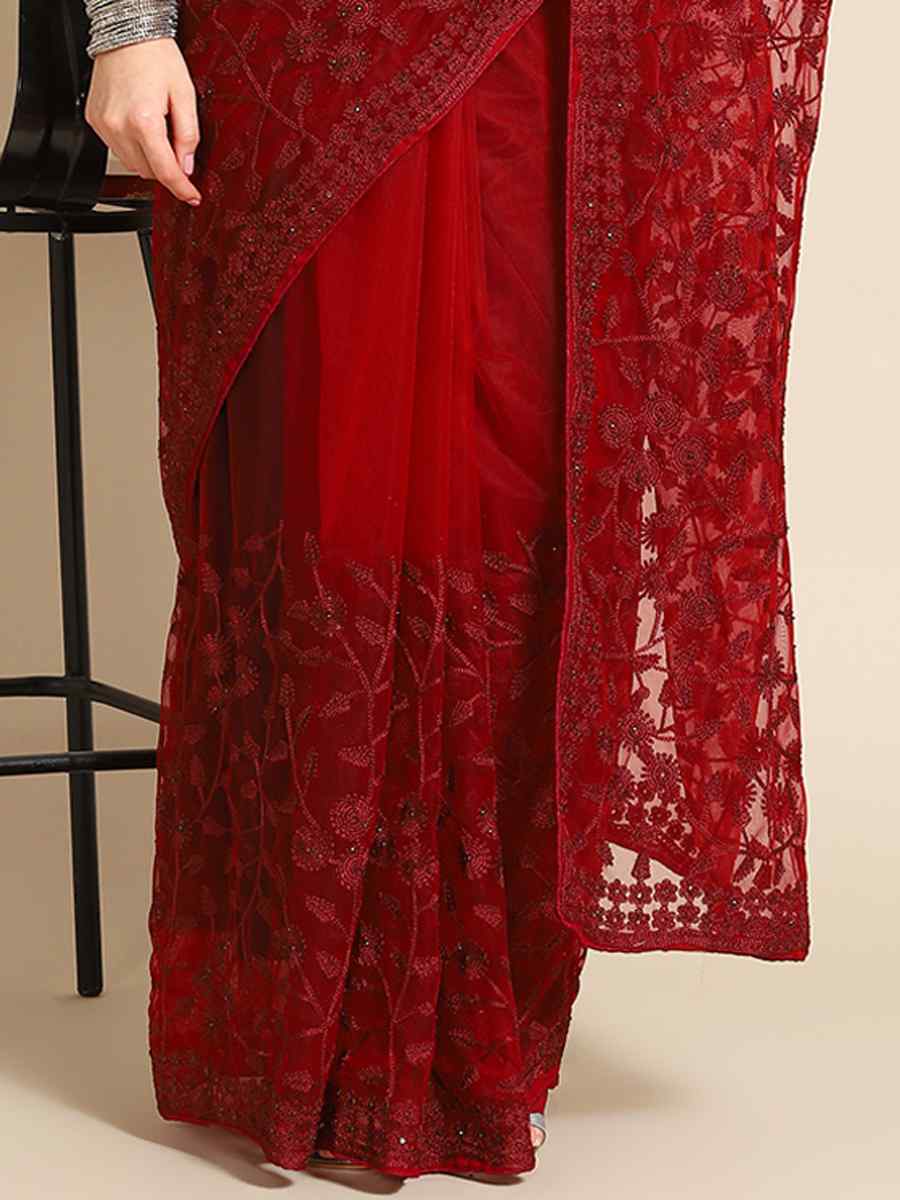 Maroon Net Embroidered Festival Party Heavy Border Saree