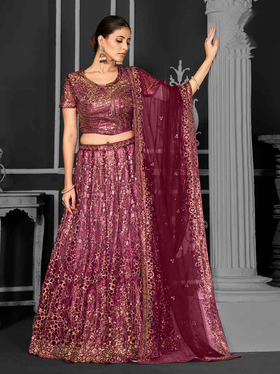 Maroon Net Embroidered Festival Wedding Ceremony Circular Lehenga Choli