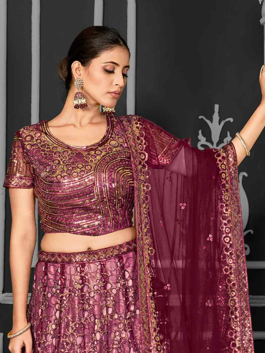 Maroon Net Embroidered Festival Wedding Ceremony Circular Lehenga Choli