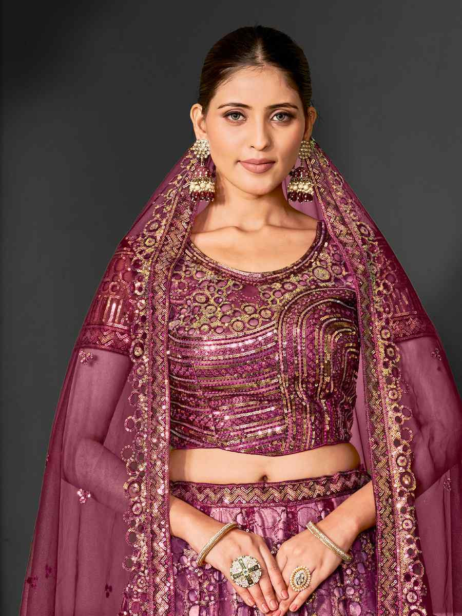Maroon Net Embroidered Festival Wedding Ceremony Circular Lehenga Choli