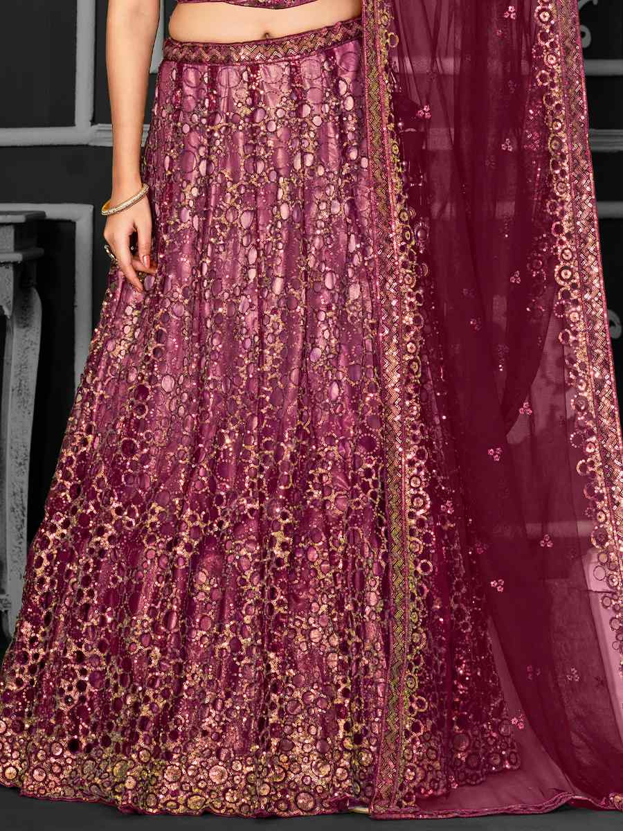 Maroon Net Embroidered Festival Wedding Ceremony Circular Lehenga Choli