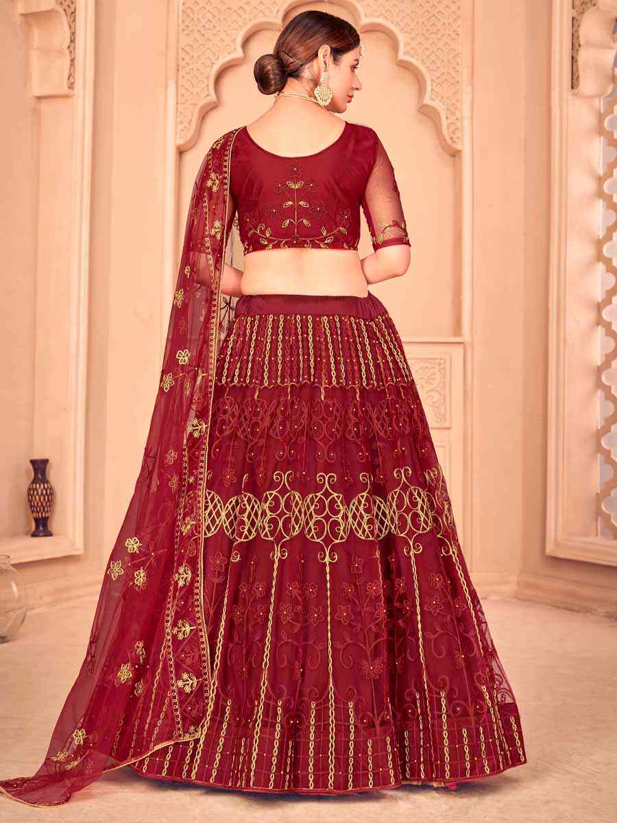 Maroon Net Embroidered Festival Wedding Circular Lehenga Choli