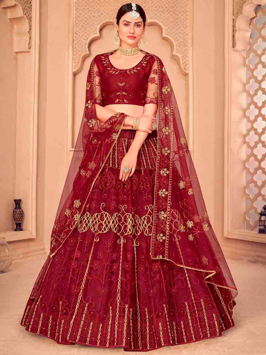 Maroon Net Embroidered Festival Wedding Circular Lehenga Choli