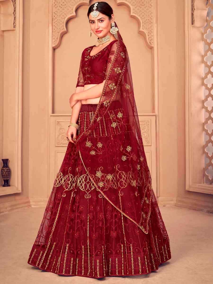 Maroon Net Embroidered Festival Wedding Circular Lehenga Choli