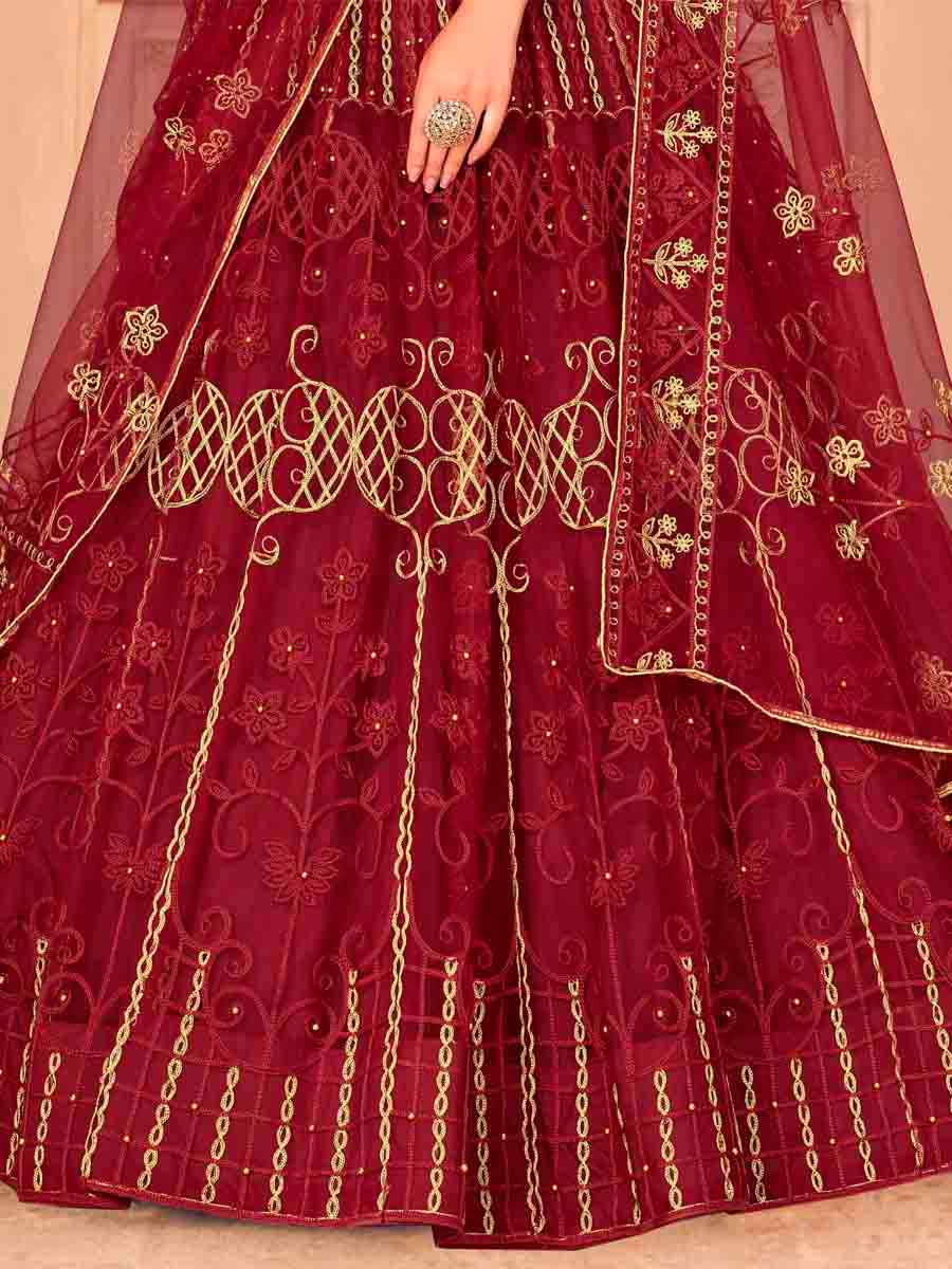 Maroon Net Embroidered Festival Wedding Circular Lehenga Choli