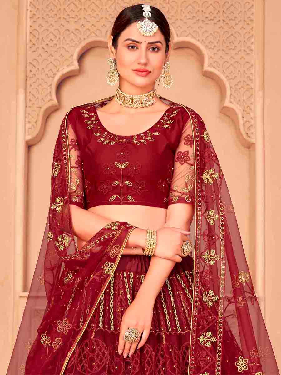 Maroon Net Embroidered Festival Wedding Circular Lehenga Choli