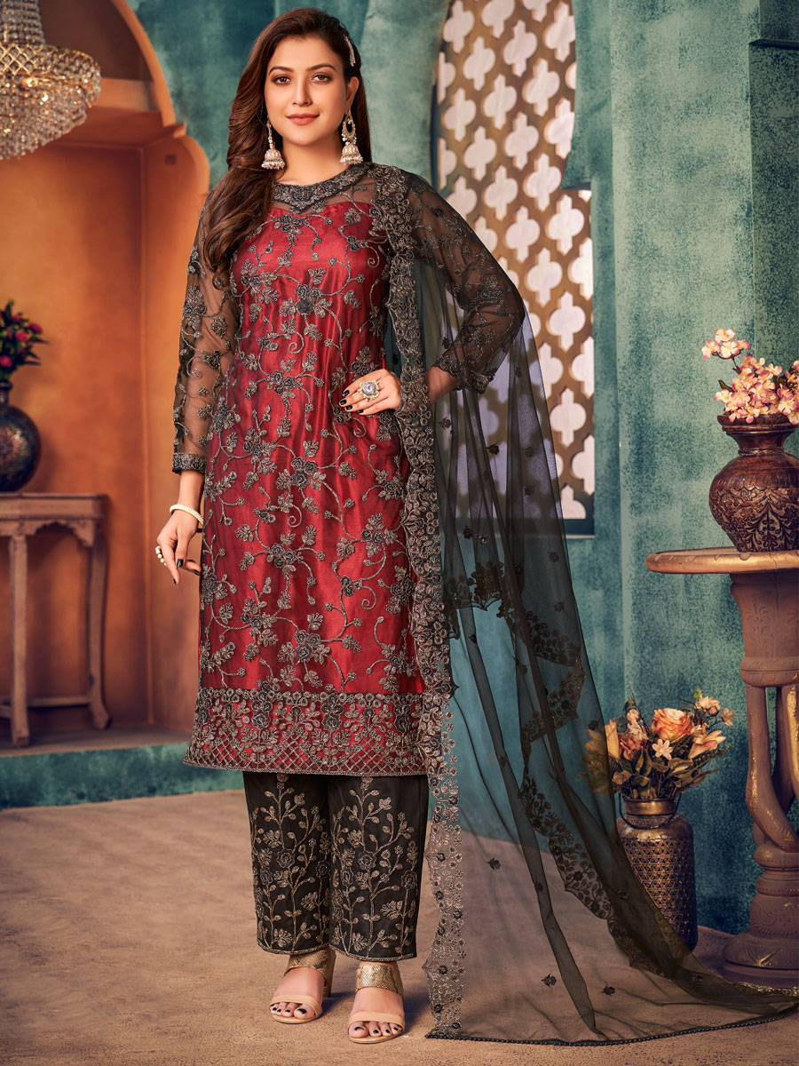 Maroon Net Embroidered Party Palazzo Pant Kameez