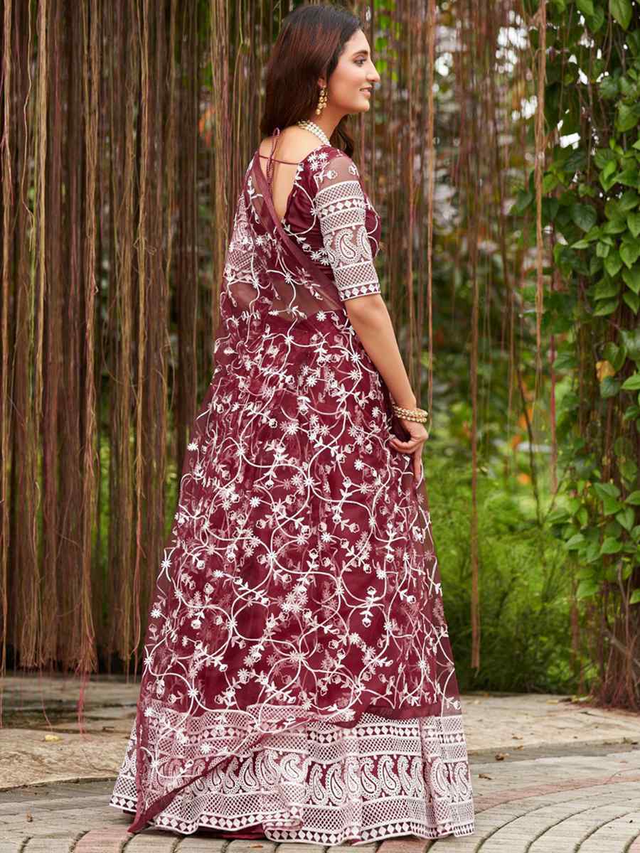 Maroon Net Embroidered Reception Wedding Heavy Border Lehenga Choli