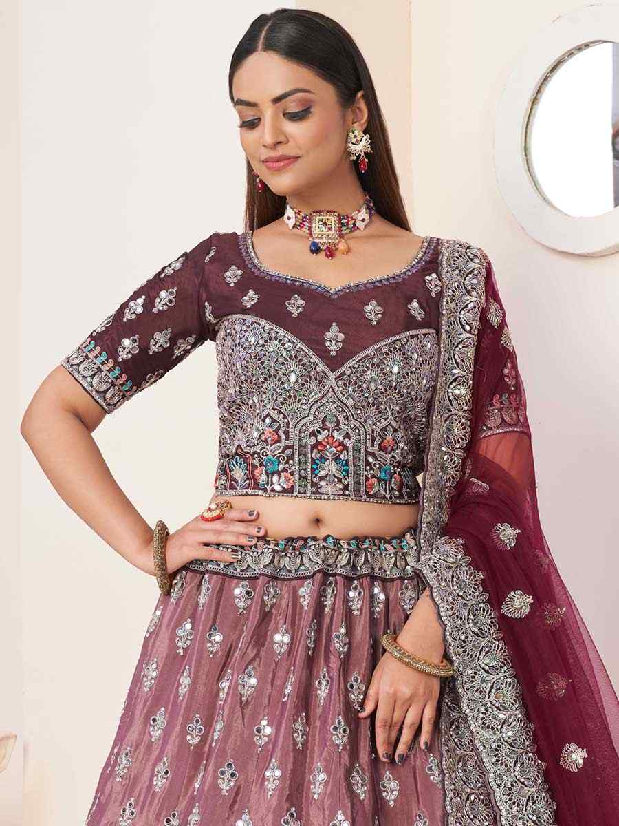 Maroon Net Embroidered Reception Wedding Heavy Border Lehenga Choli