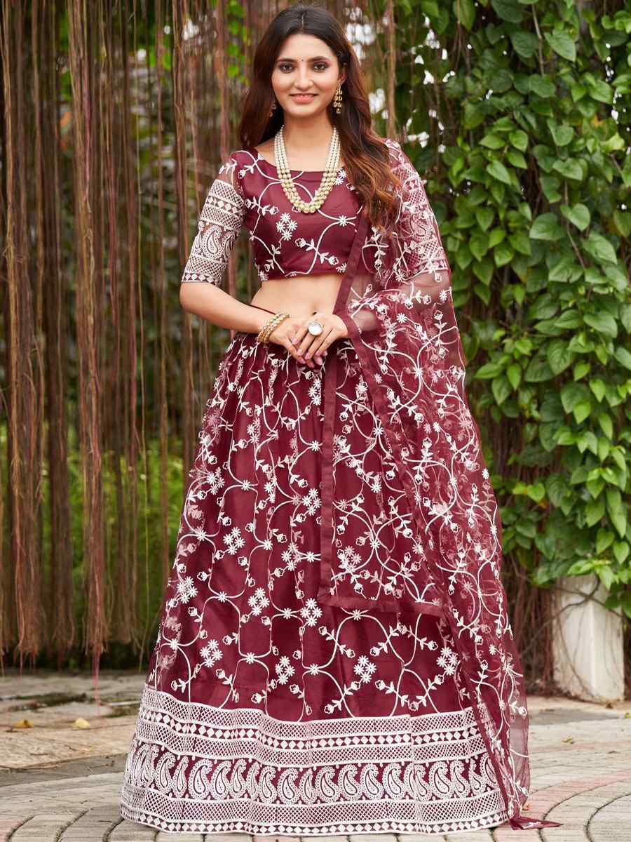Maroon Net Embroidered Reception Wedding Heavy Border Lehenga Choli
