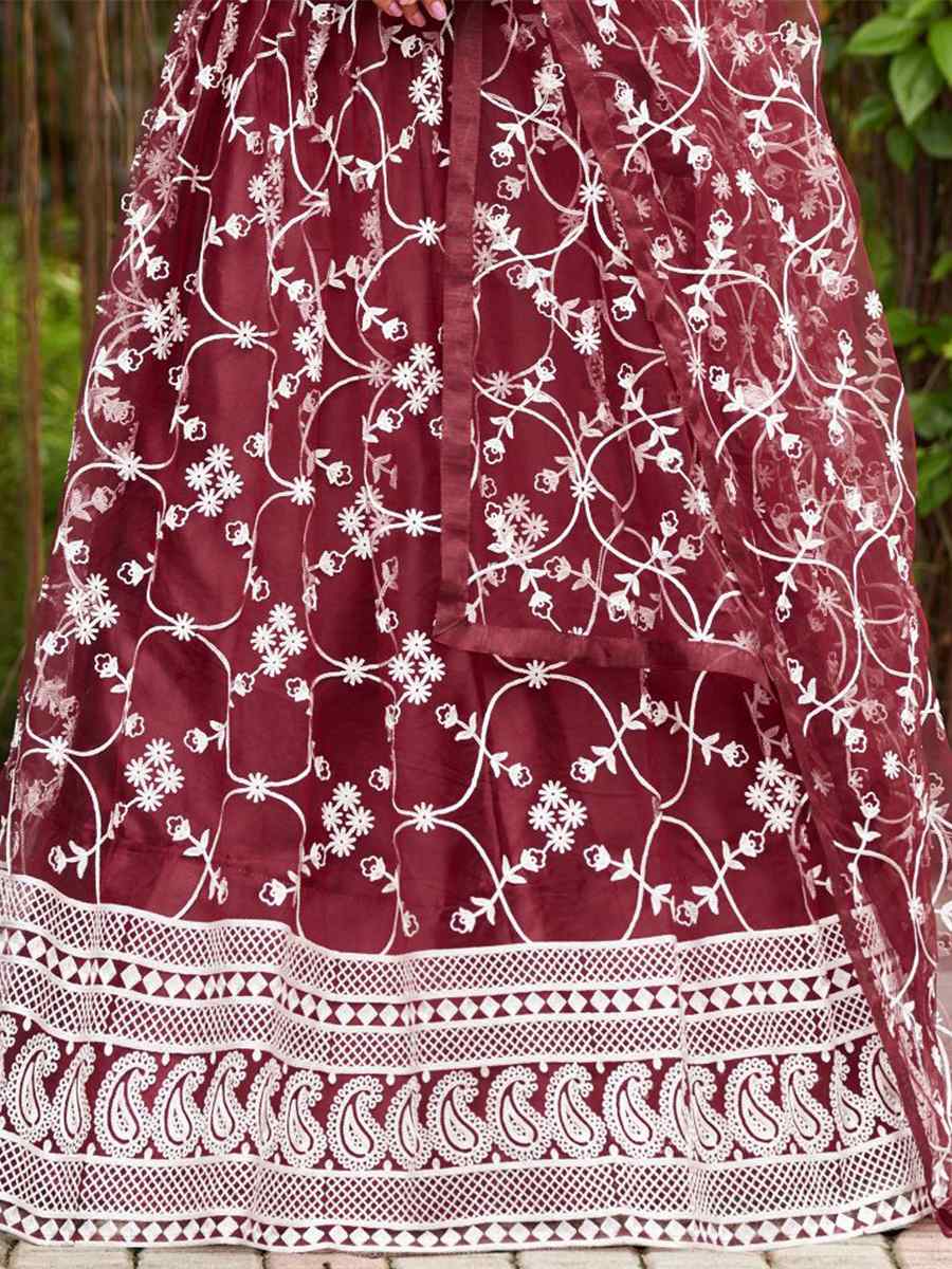 Maroon Net Embroidered Reception Wedding Heavy Border Lehenga Choli