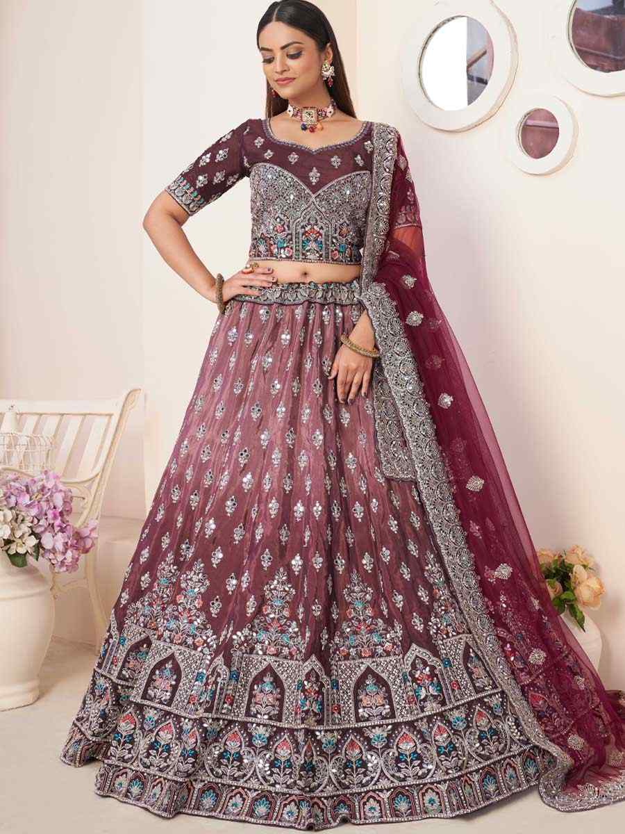 Maroon Net Embroidered Reception Wedding Heavy Border Lehenga Choli