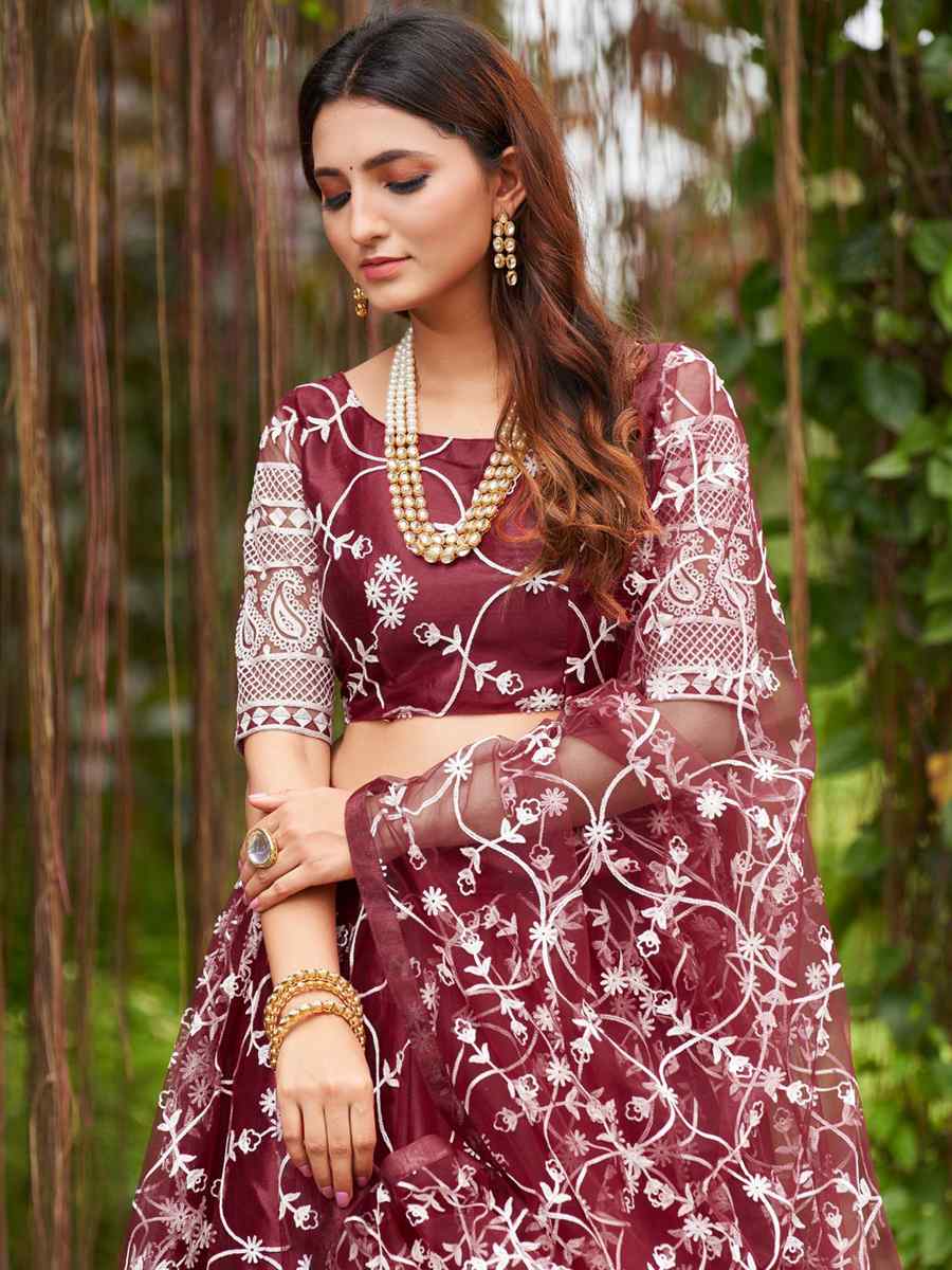 Maroon Net Embroidered Reception Wedding Heavy Border Lehenga Choli