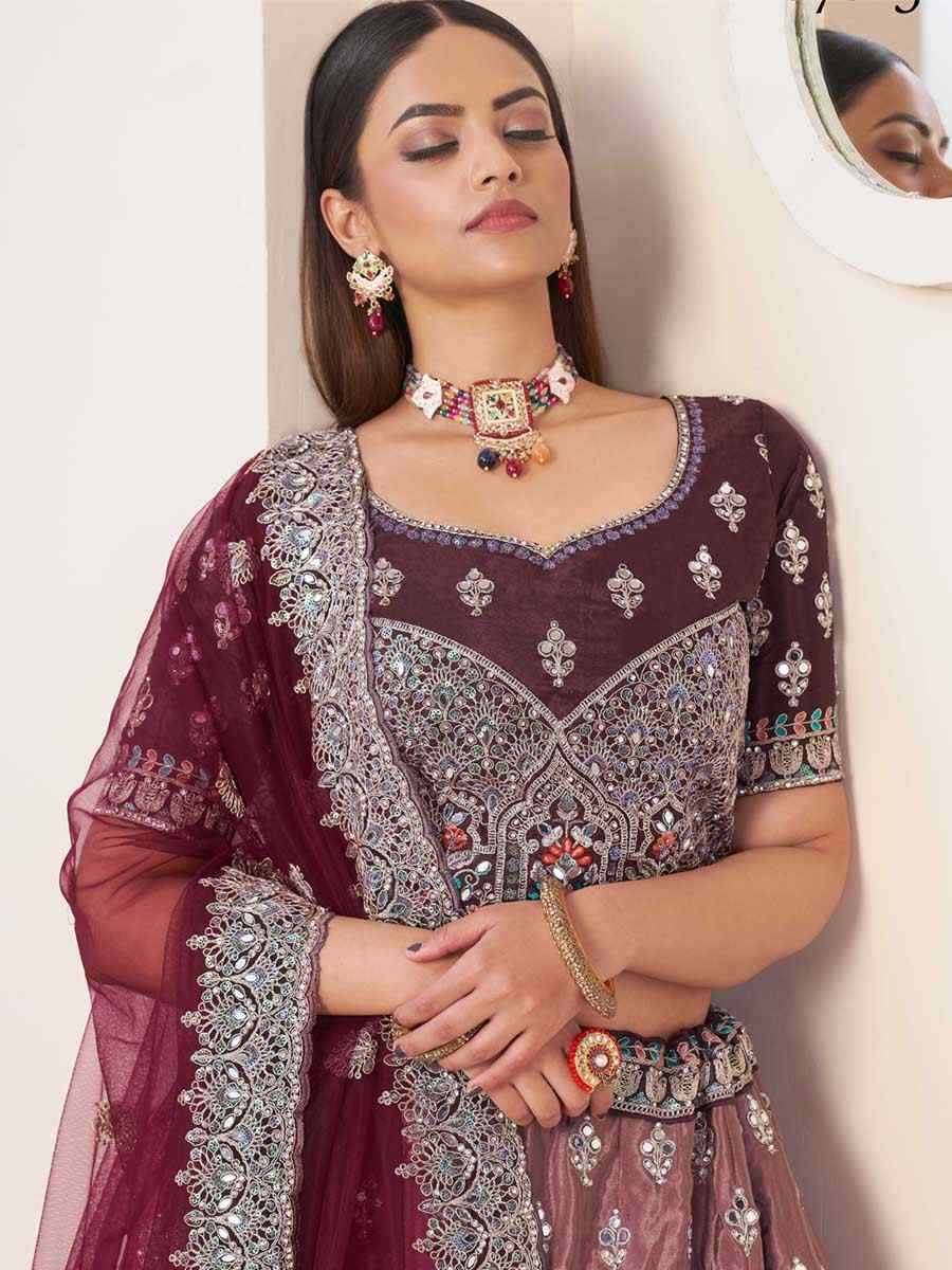 Maroon Net Embroidered Reception Wedding Heavy Border Lehenga Choli