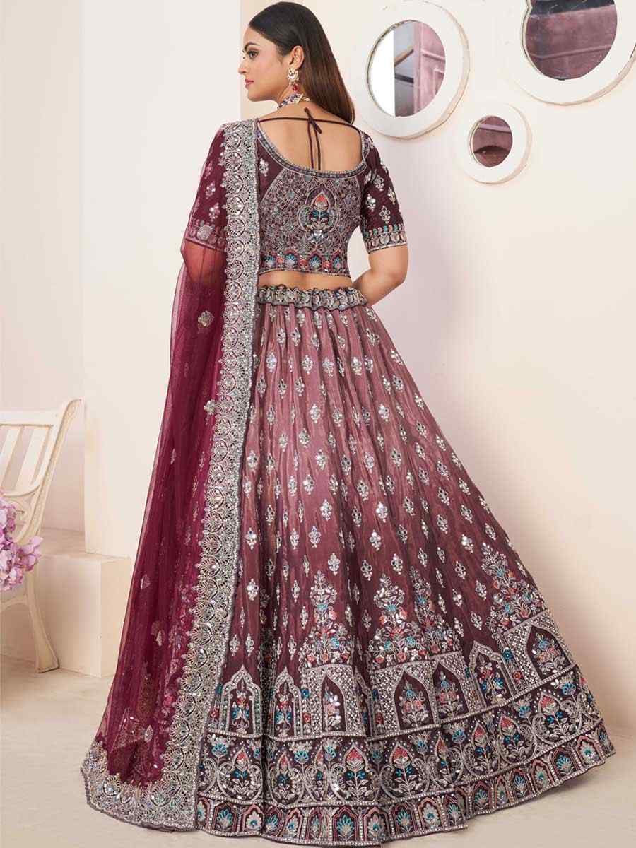 Maroon Net Embroidered Reception Wedding Heavy Border Lehenga Choli
