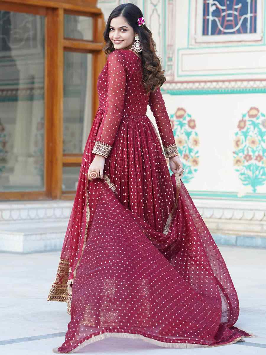 Maroon Nylon Jacquard Butti Embroidered Festival Party Gown