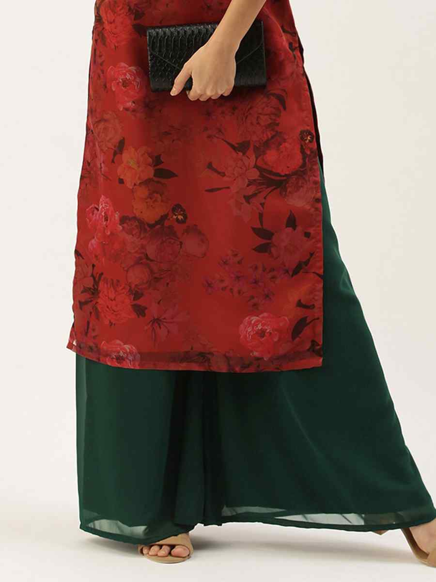 Maroon Organza Embroidered Festival Casual Kurti With Bottom