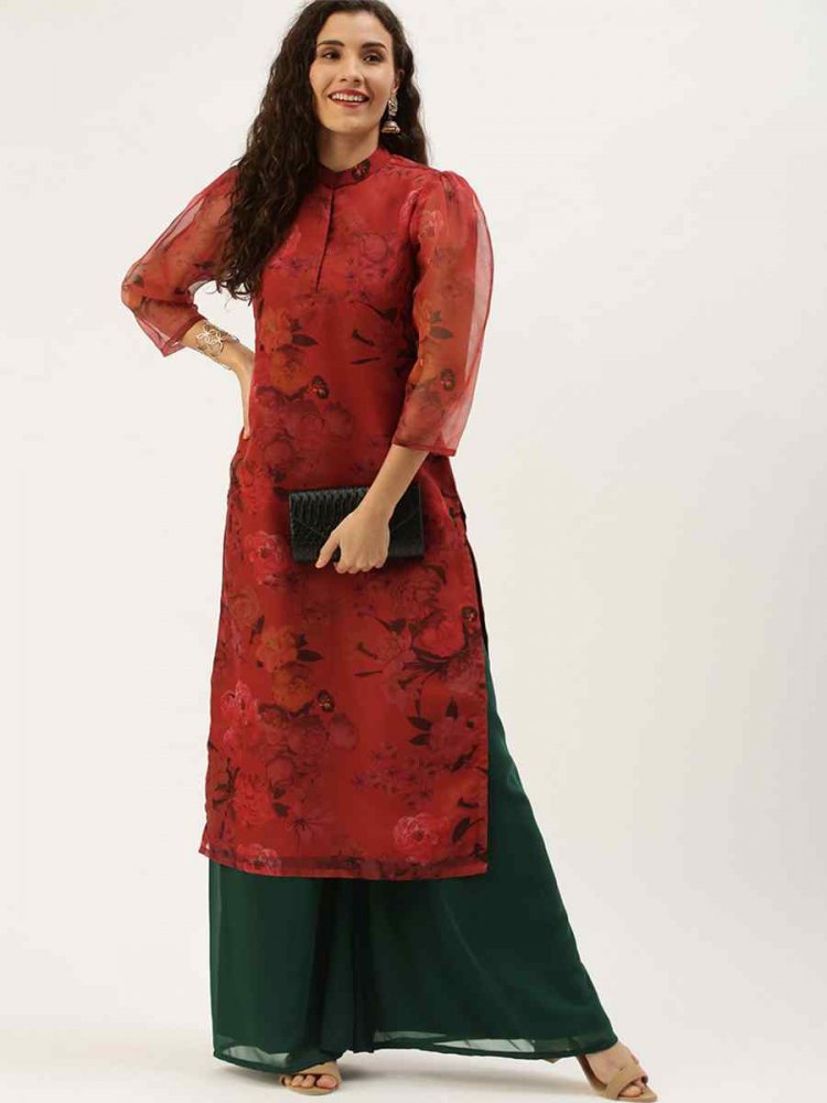 Maroon Organza Embroidered Festival Casual Kurti With Bottom
