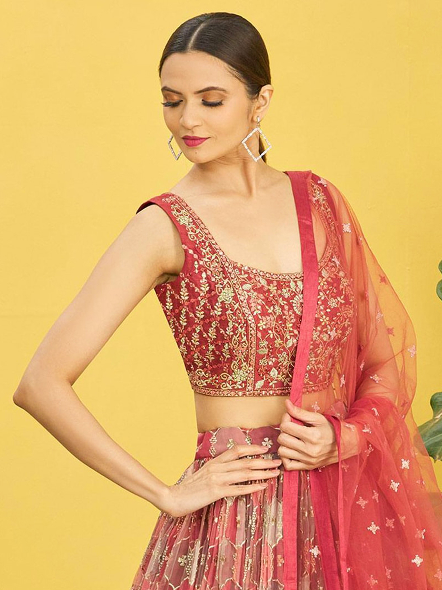 Maroon Organza Embroidered Party Wear Festival Circular Lehenga Choli