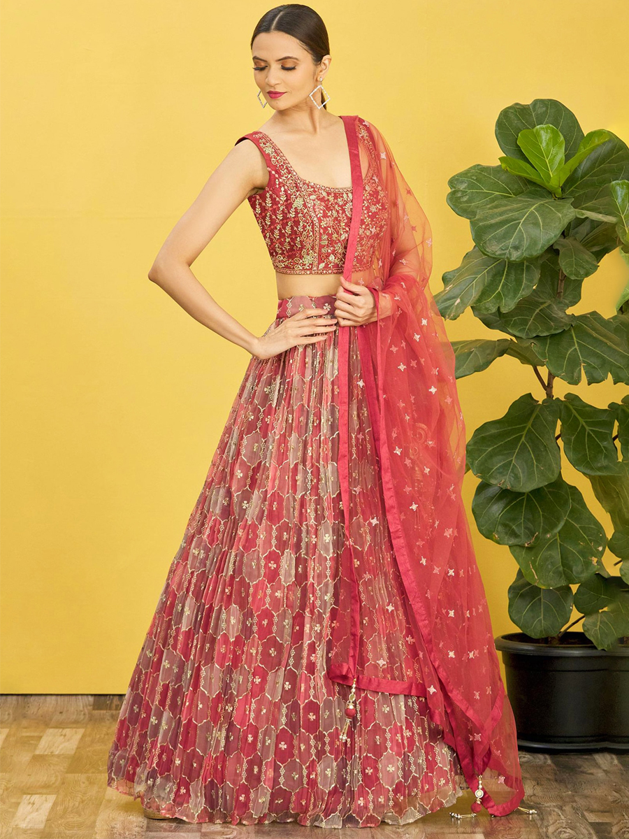 Maroon Organza Embroidered Party Wear Festival Circular Lehenga Choli