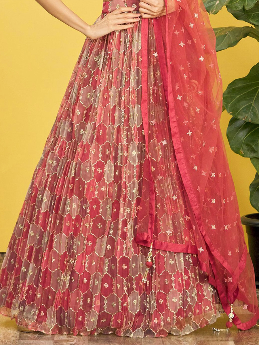 Maroon Organza Embroidered Party Wear Festival Circular Lehenga Choli