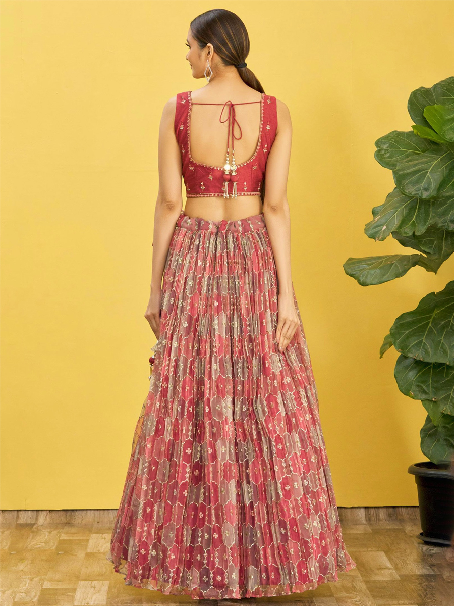 Maroon Organza Embroidered Party Wear Festival Circular Lehenga Choli