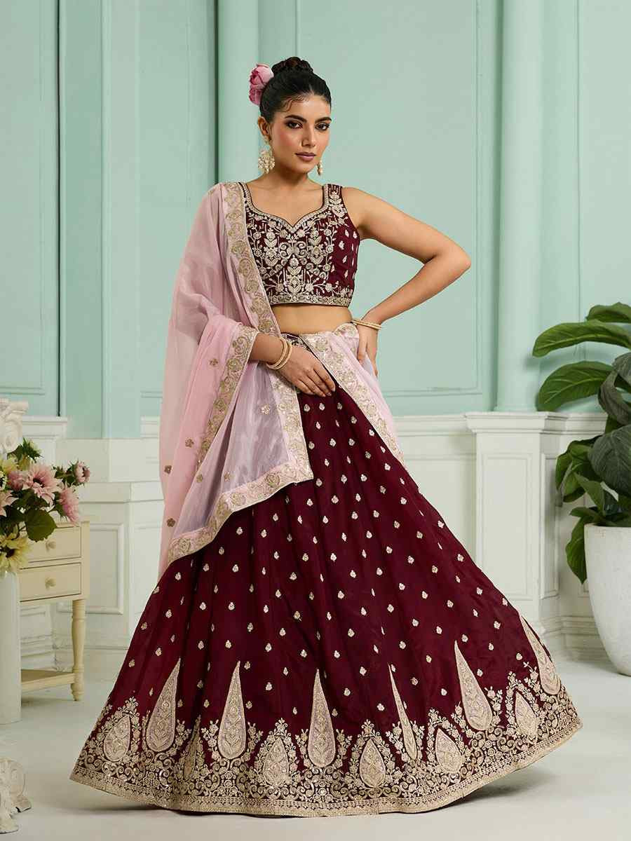 Maroon Organza Embroidered Wedding Reception Festival Heavy Border Lehenga Choli