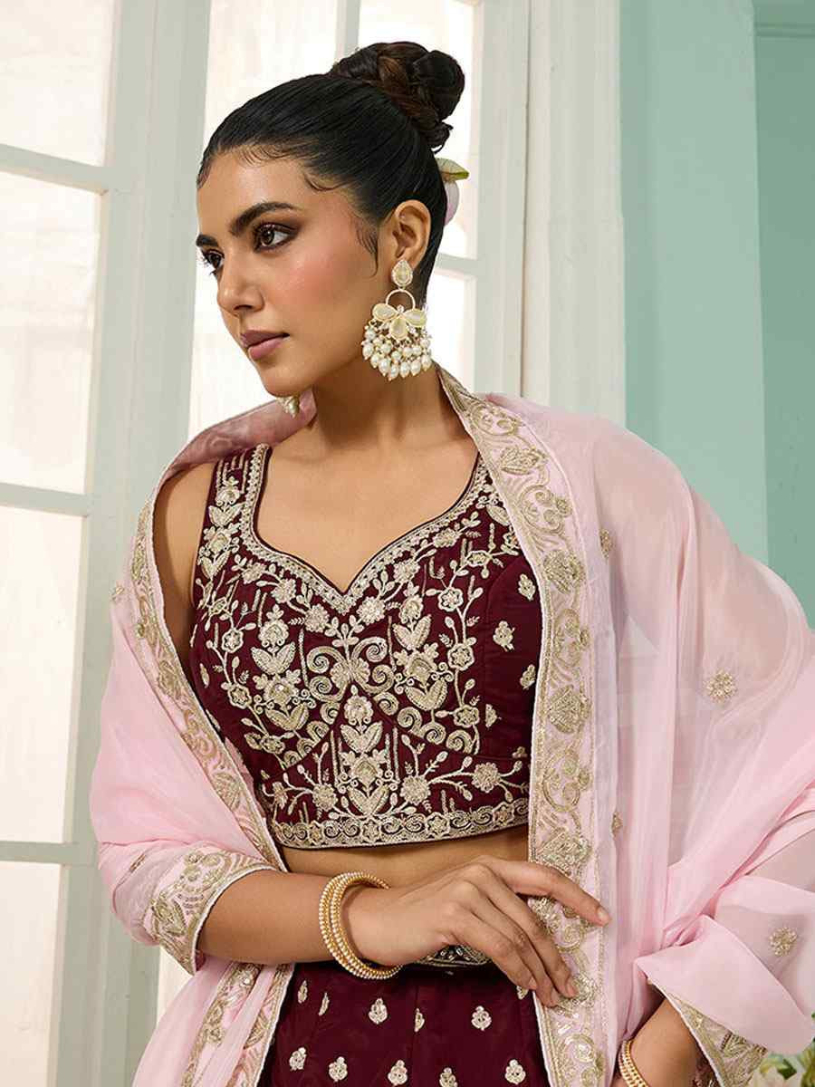 Maroon Organza Embroidered Wedding Reception Festival Heavy Border Lehenga Choli
