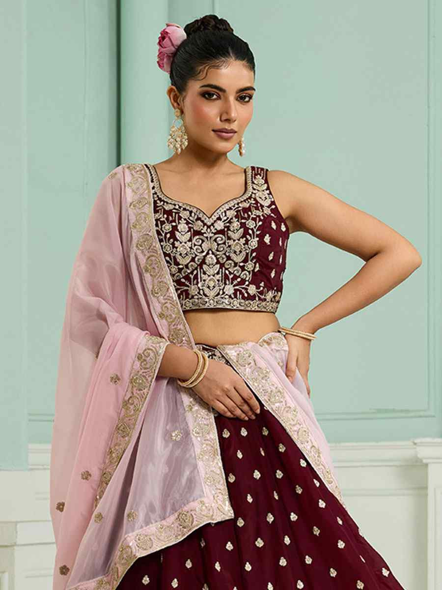 Maroon Organza Embroidered Wedding Reception Festival Heavy Border Lehenga Choli