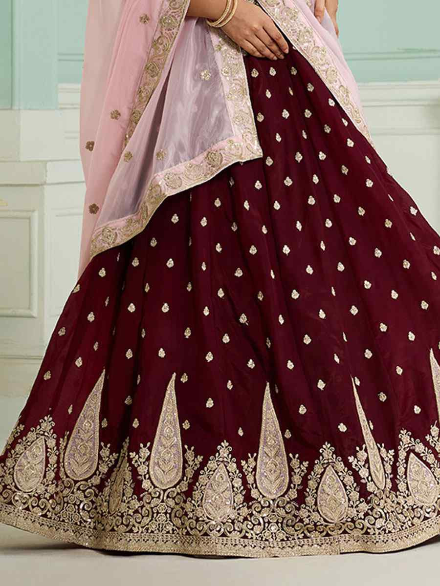 Maroon Organza Embroidered Wedding Reception Festival Heavy Border Lehenga Choli