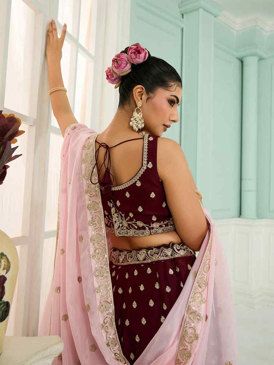 Maroon Organza Embroidered Wedding Reception Festival Heavy Border Lehenga Choli